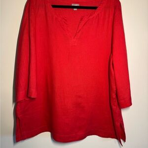 J Jill Tunic Size X Large 100% Linen Red Split Neckline Side Slits 3/4 Sleeve XL